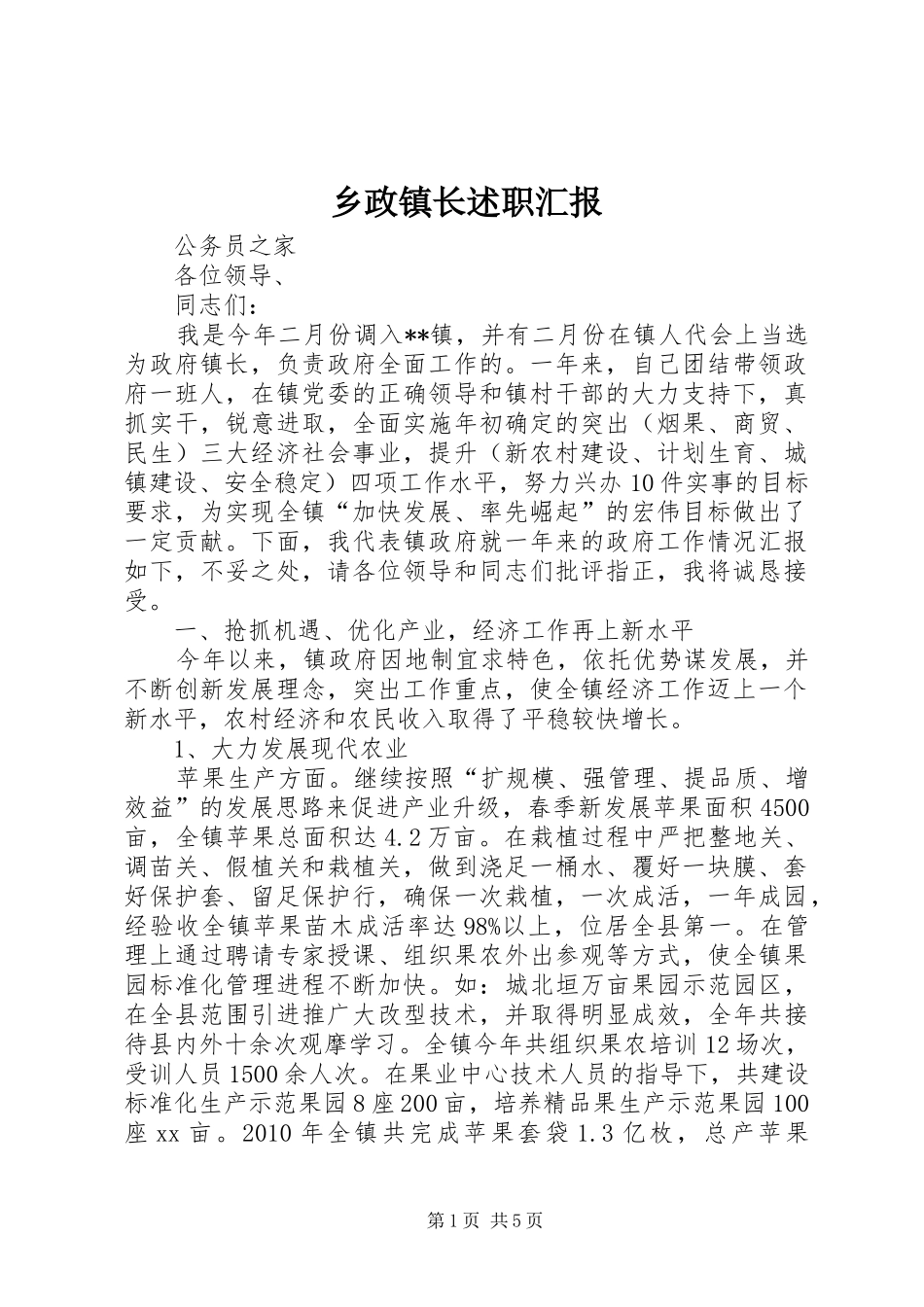 乡政镇长述职汇报_第1页