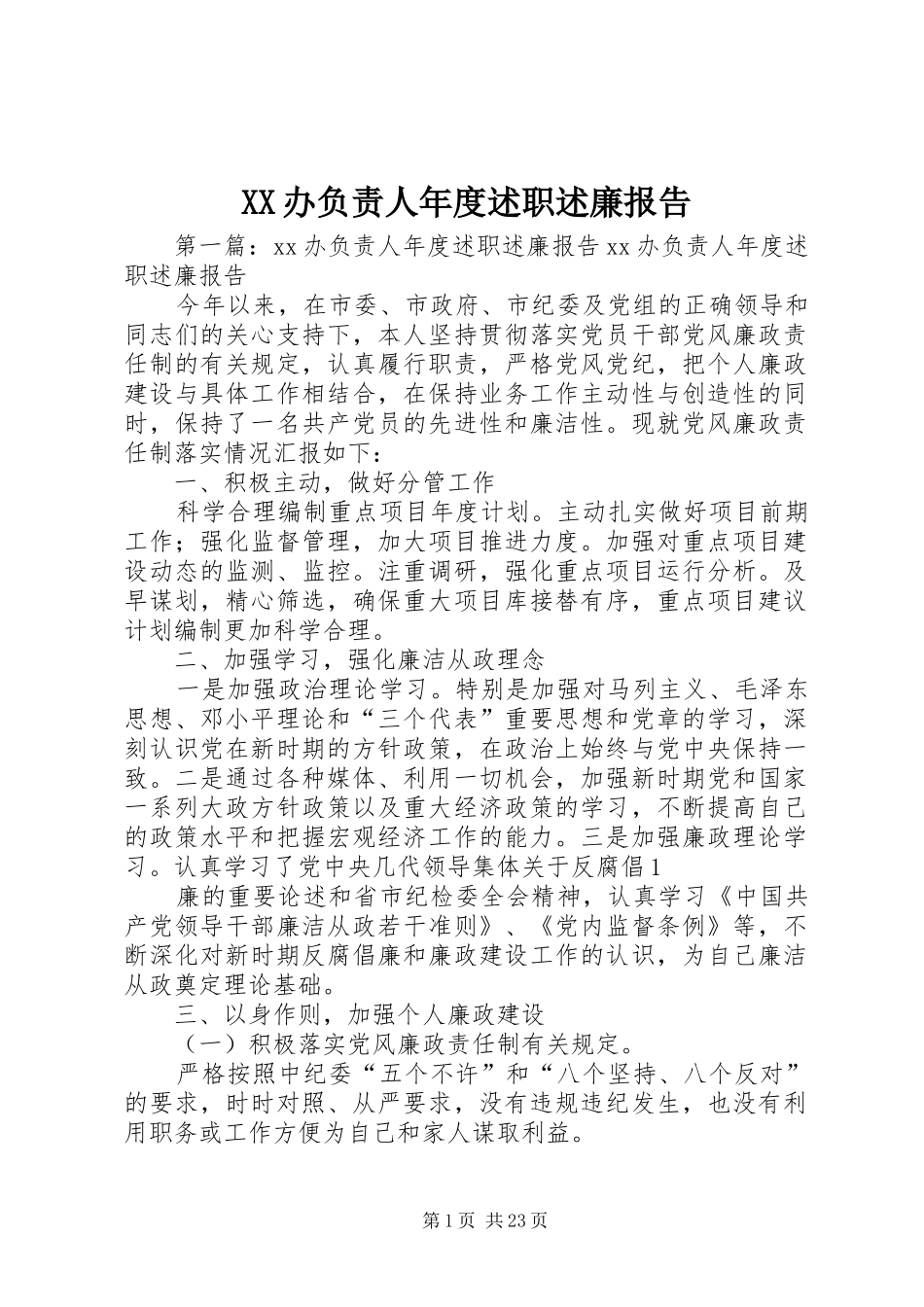 XX办负责人年度述职述廉报告_第1页