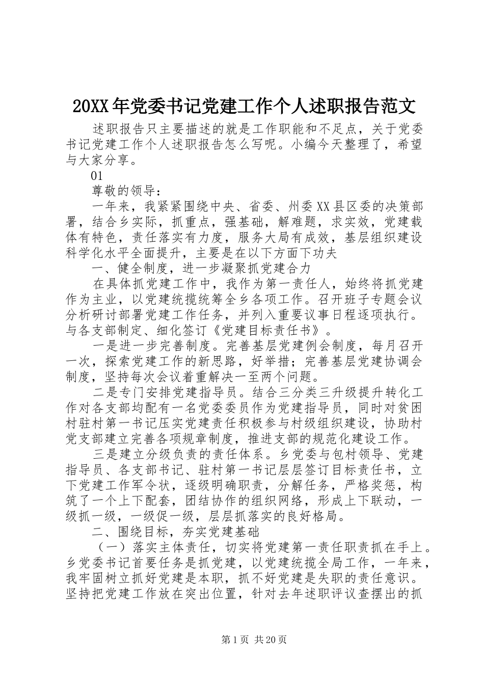 20XX年党委书记党建工作个人述职报告范文_第1页