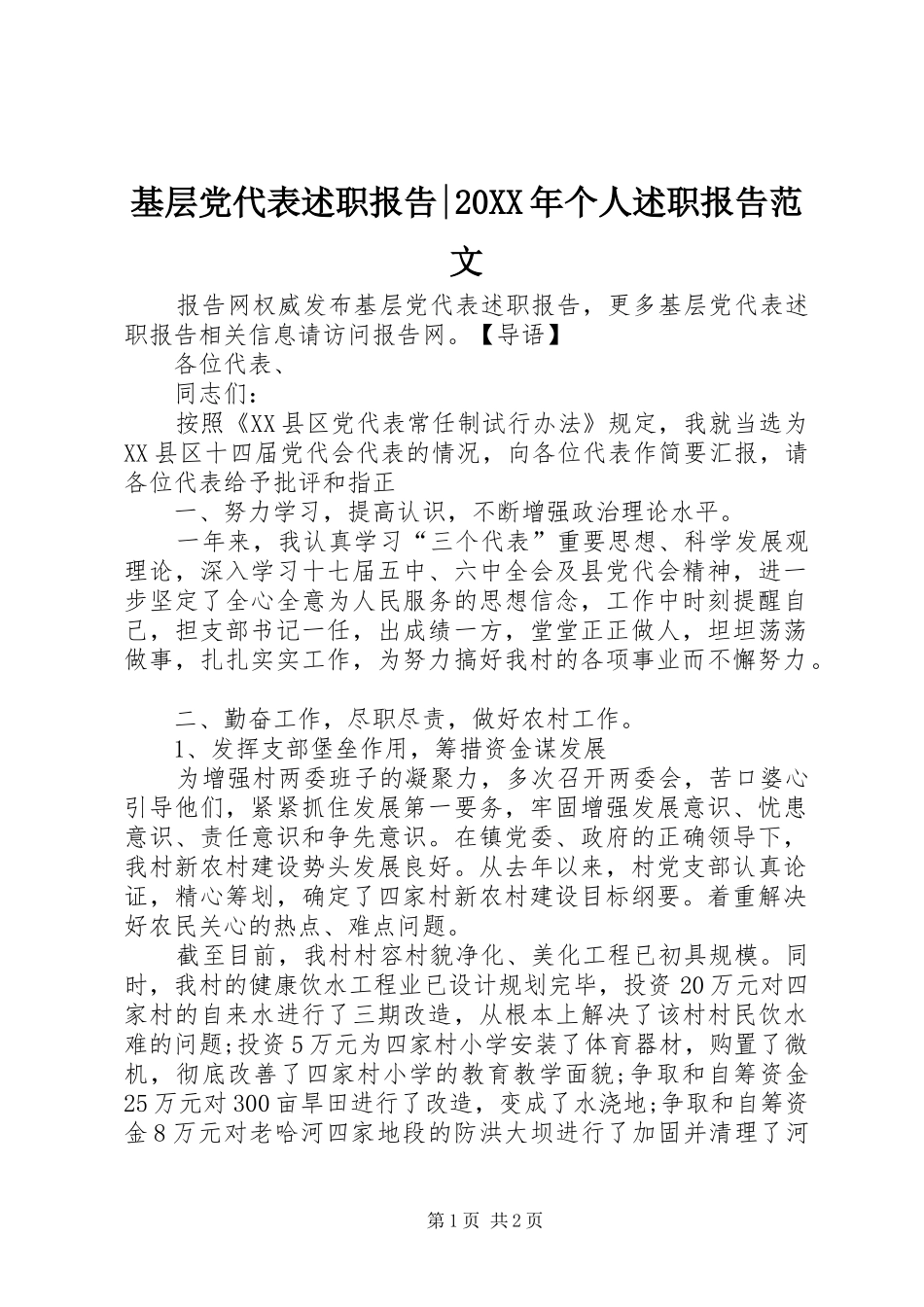基层党代表述职报告-20XX年个人述职报告范文_第1页