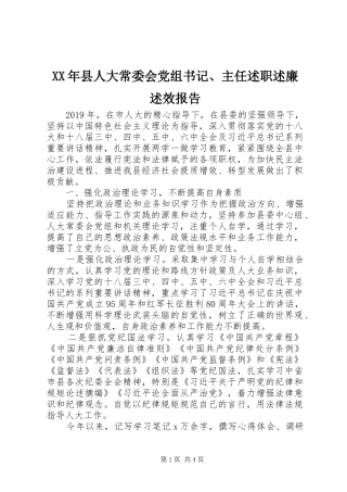 XX年县人大常委会党组书记、主任述职述廉述效报告
