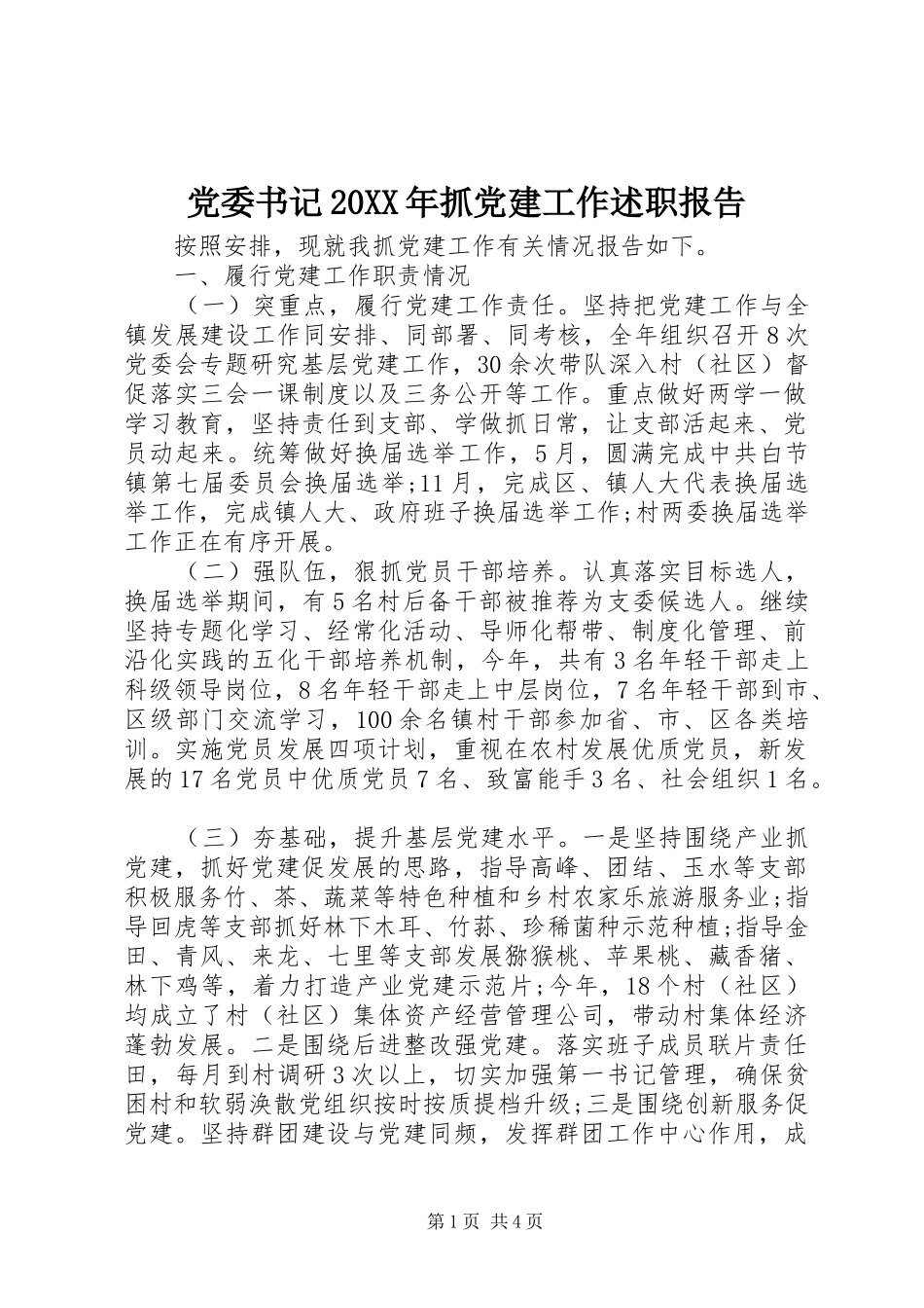 党委书记20XX年抓党建工作述职报告_第1页