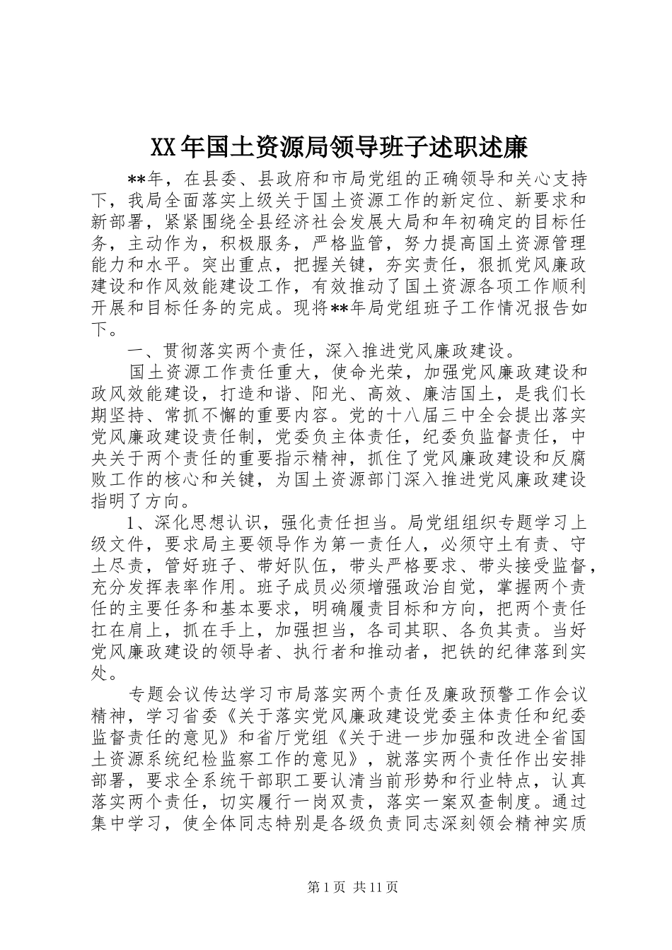 XX年国土资源局领导班子述职述廉_第1页
