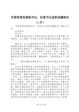 市国资委党委副书记、纪委书记述职述廉报告（1月）
