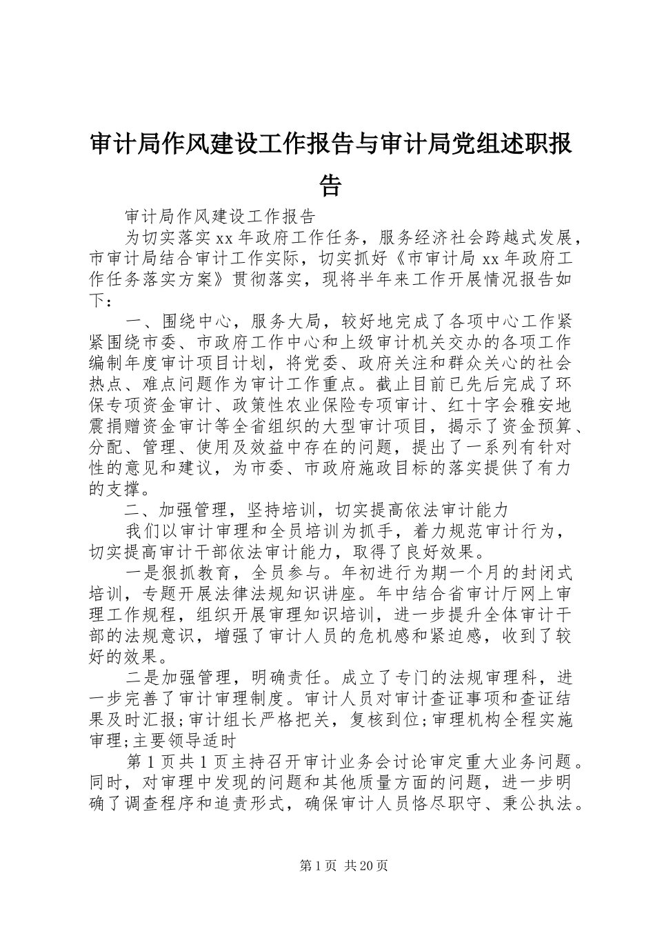 审计局作风建设工作报告与审计局党组述职报告_第1页
