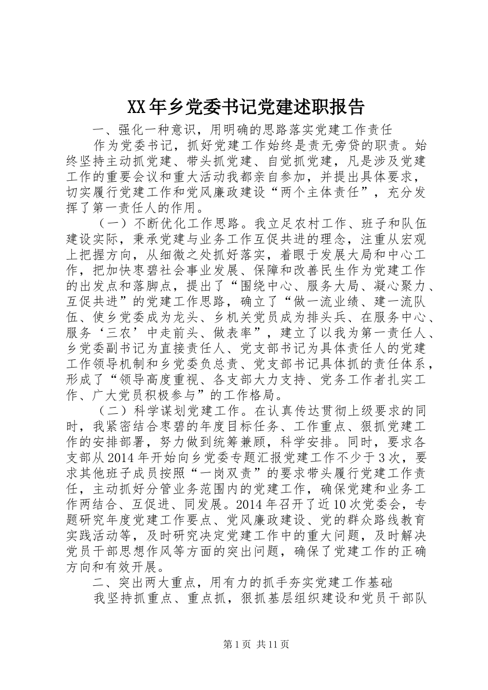 XX年乡党委书记党建述职报告_第1页