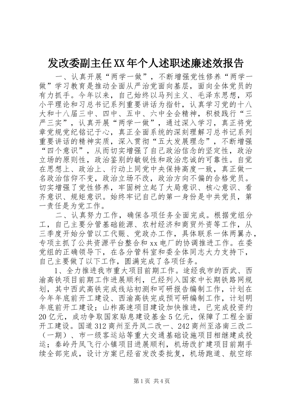 发改委副主任XX年个人述职述廉述效报告_第1页