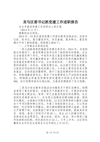 龙马区委书记抓党建工作述职报告