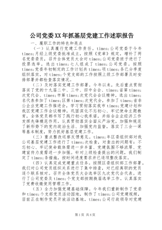 公司党委XX年抓基层党建工作述职报告