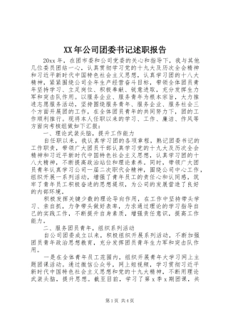 XX年公司团委书记述职报告