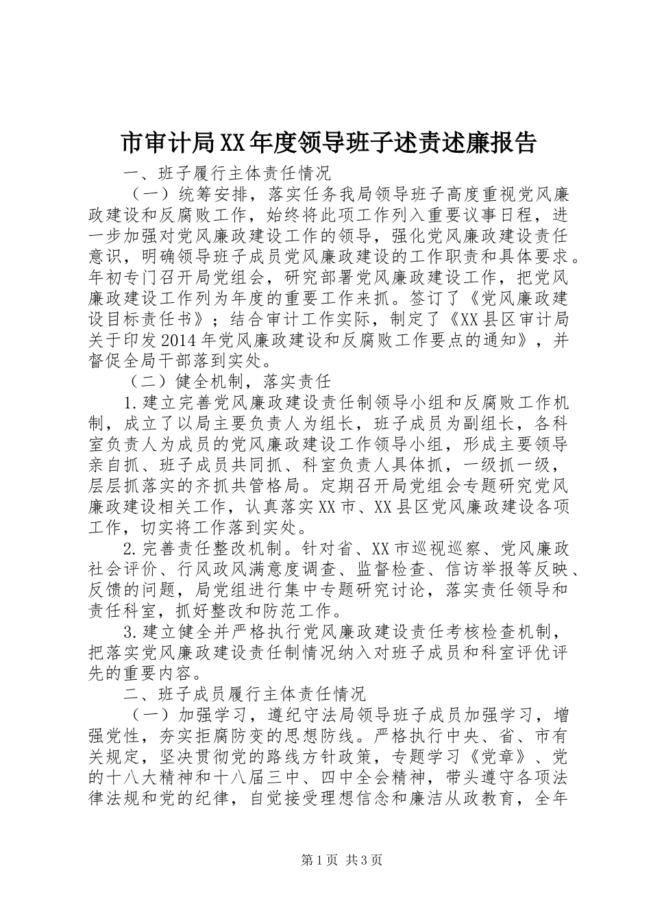 市审计局XX年度领导班子述责述廉报告_第1页