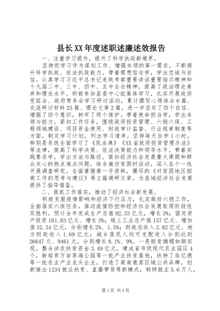 县长XX年度述职述廉述效报告