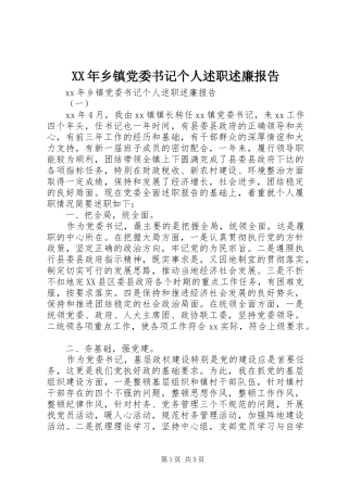 XX年乡镇党委书记个人述职述廉报告