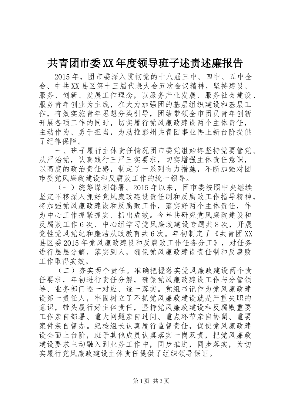 共青团市委XX年度领导班子述责述廉报告_第1页