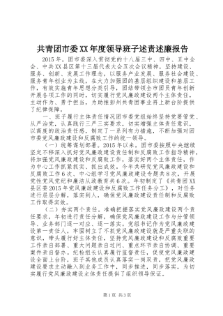 共青团市委XX年度领导班子述责述廉报告