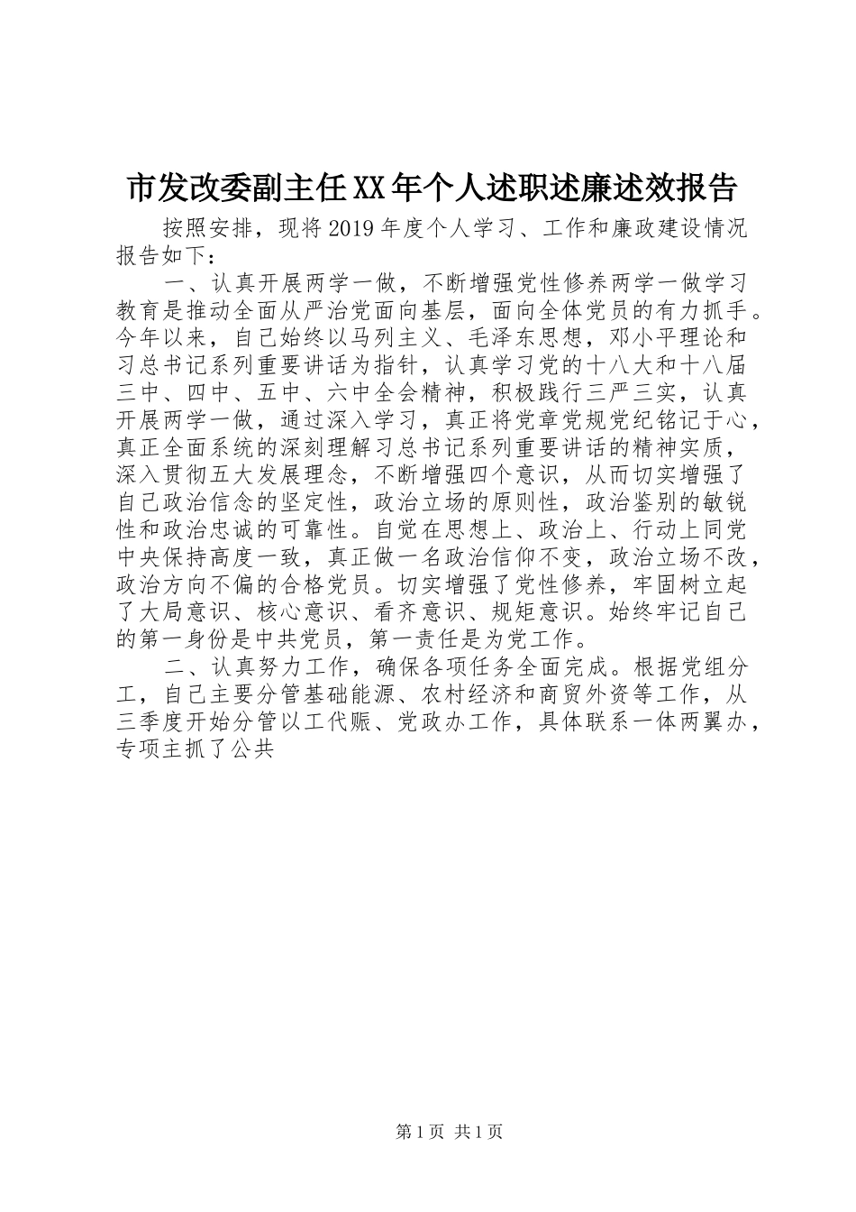 市发改委副主任XX年个人述职述廉述效报告_第1页