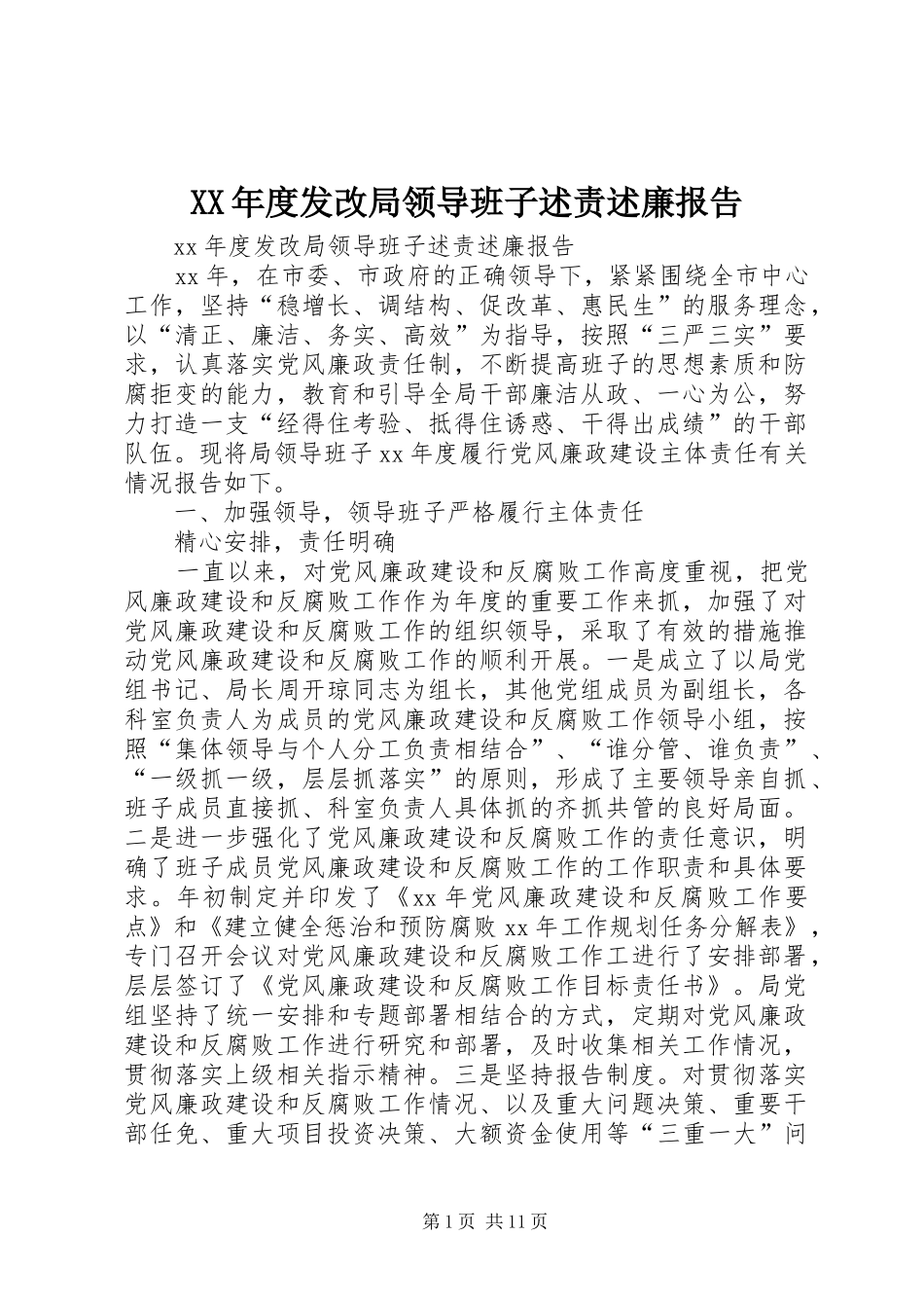 XX年度发改局领导班子述责述廉报告_第1页