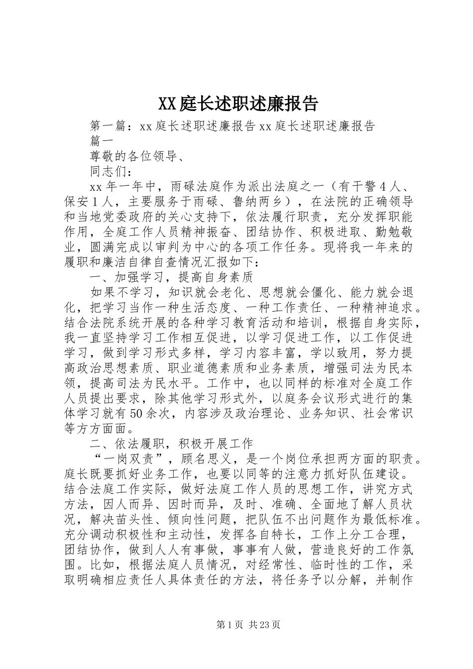 XX庭长述职述廉报告_第1页