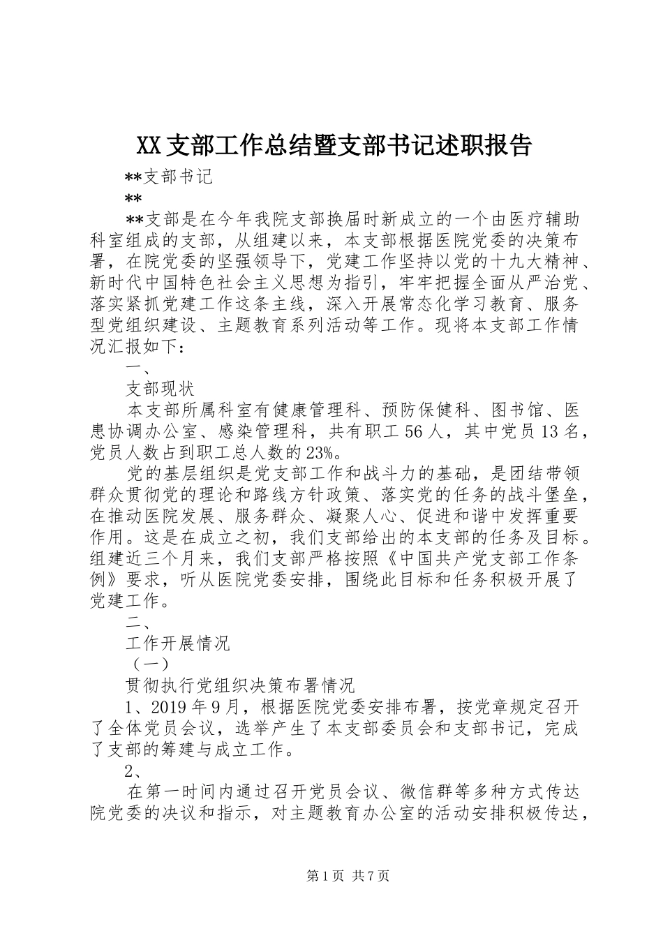 XX支部工作总结暨支部书记述职报告_第1页