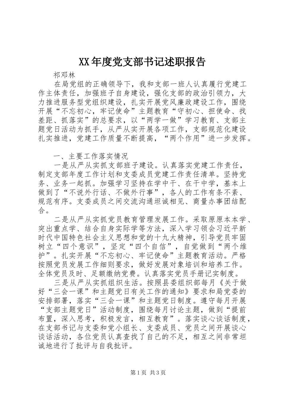 XX年度党支部书记述职报告_第1页
