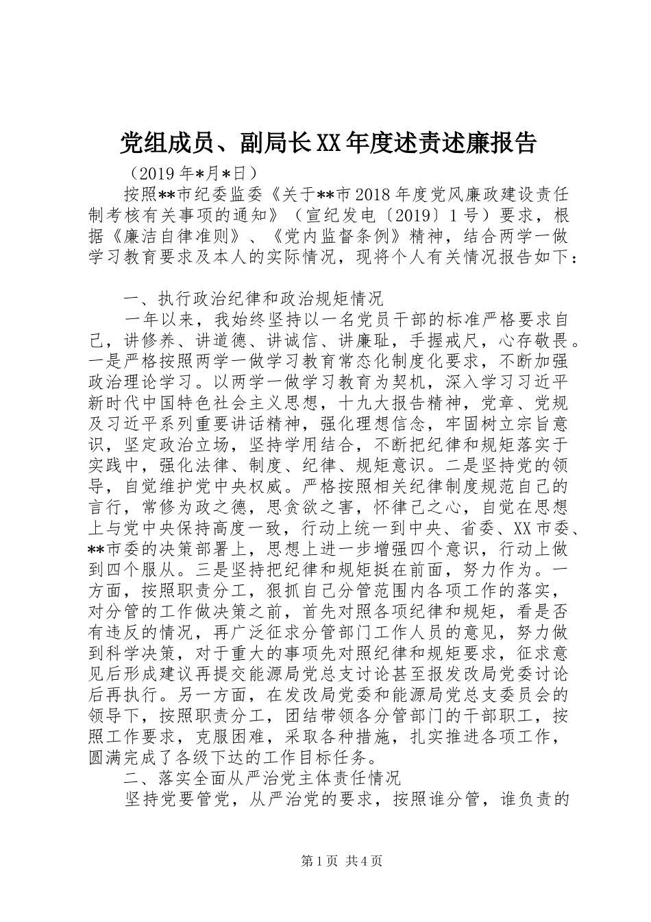 党组成员、副局长XX年度述责述廉报告_第1页
