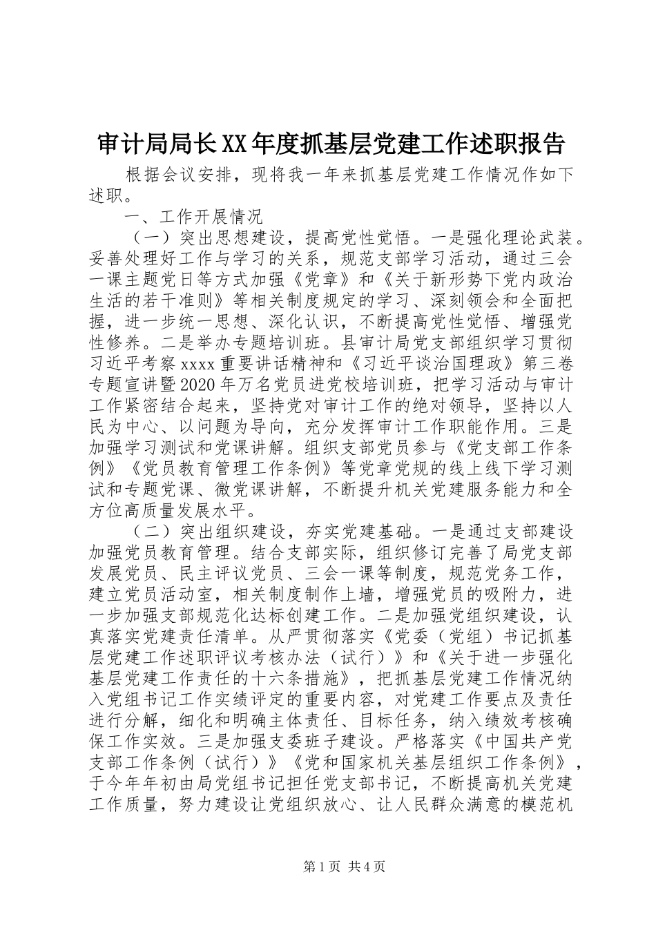 审计局局长XX年度抓基层党建工作述职报告_第1页