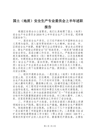 国土（地质）安全生产专业委员会上半年述职报告