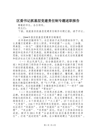 区委书记抓基层党建责任制专题述职报告