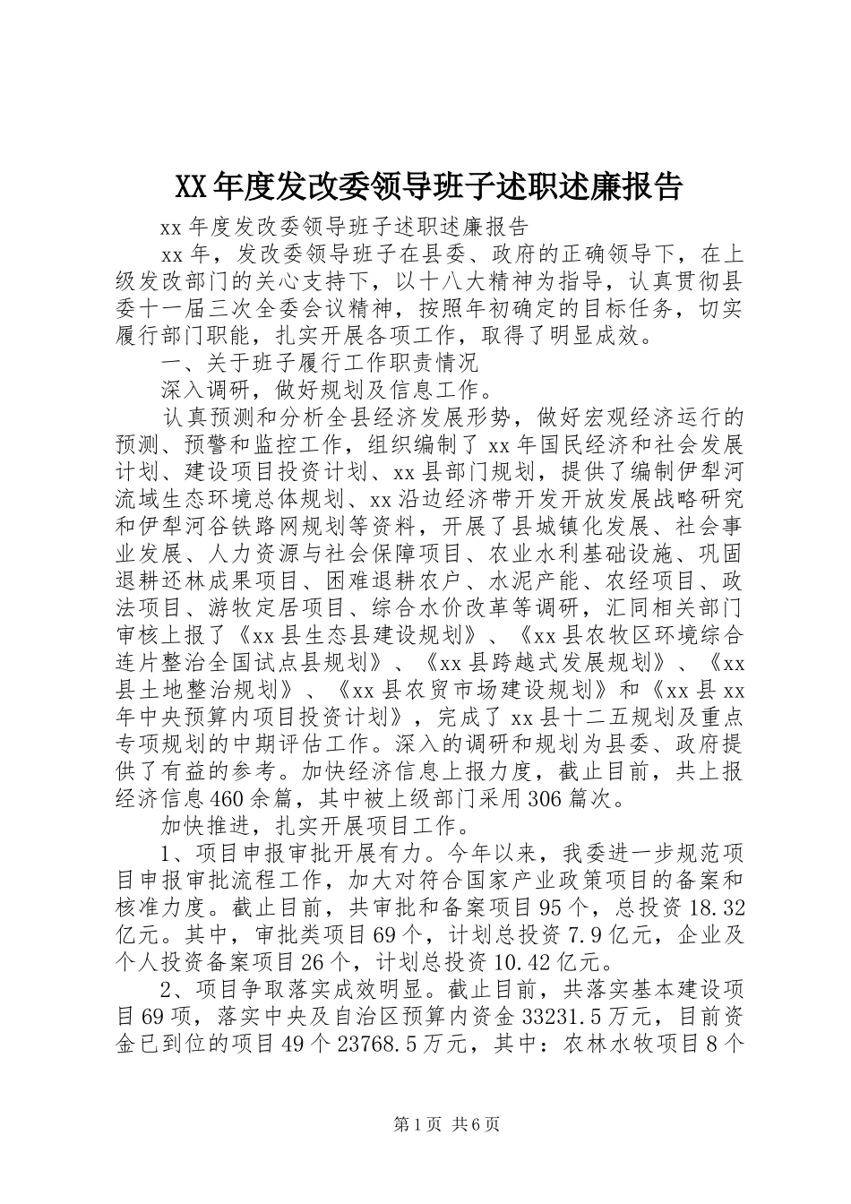 XX年度发改委领导班子述职述廉报告_第1页