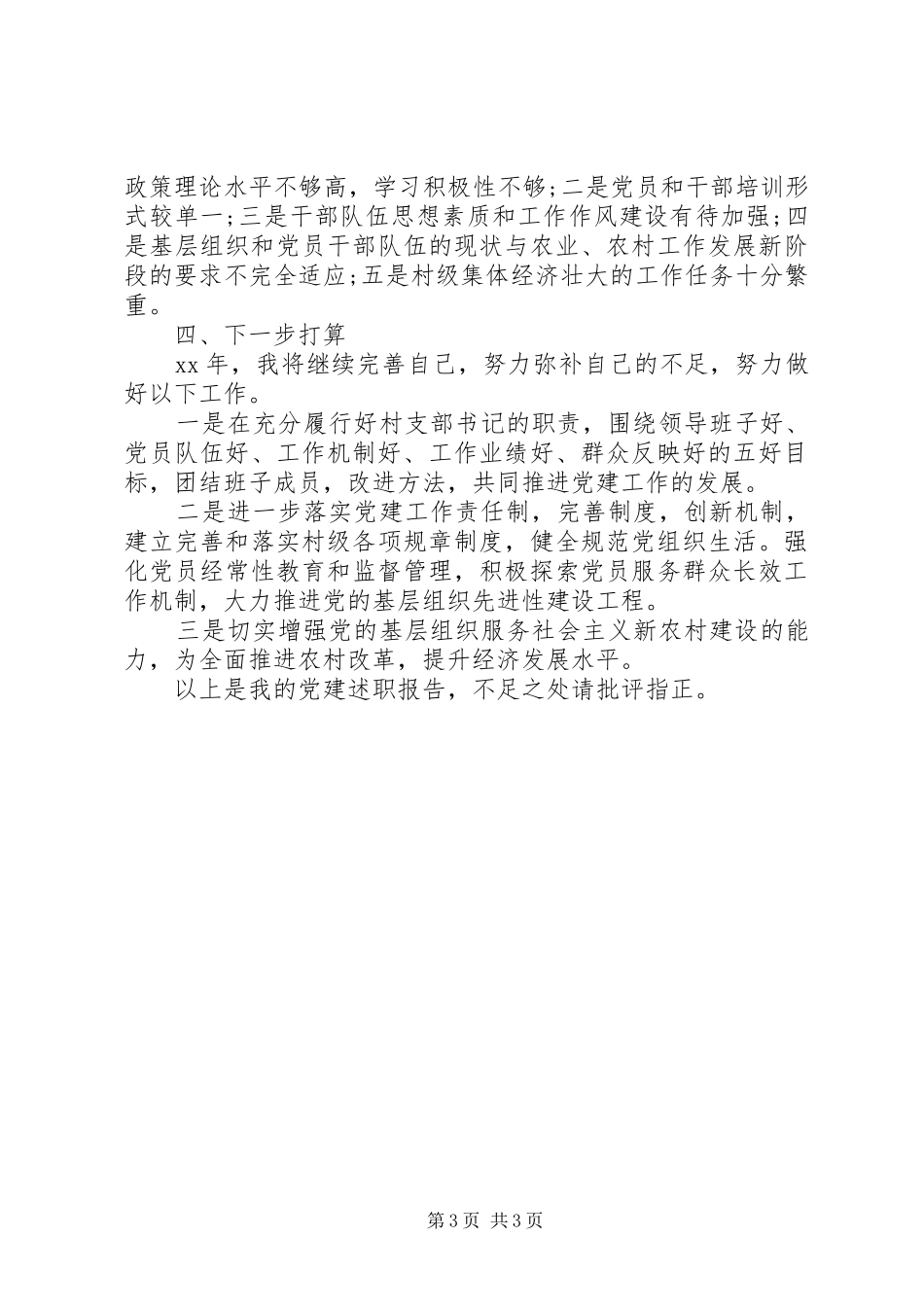 乡村党支部书记党建工作述职报告20XX年范文_第3页