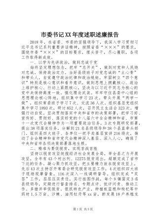 市委书记XX年度述职述廉报告