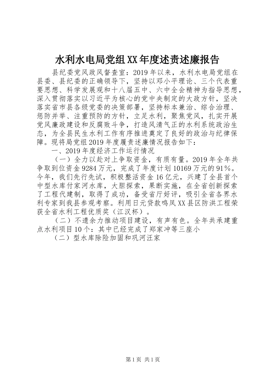 水利水电局党组XX年度述责述廉报告_第1页