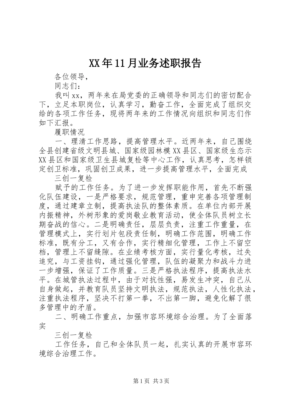XX年11月业务述职报告_第1页