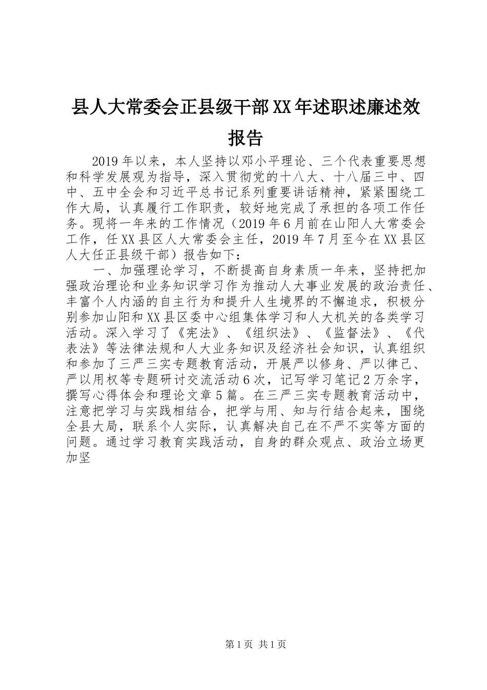 县人大常委会正县级干部XX年述职述廉述效报告_第1页