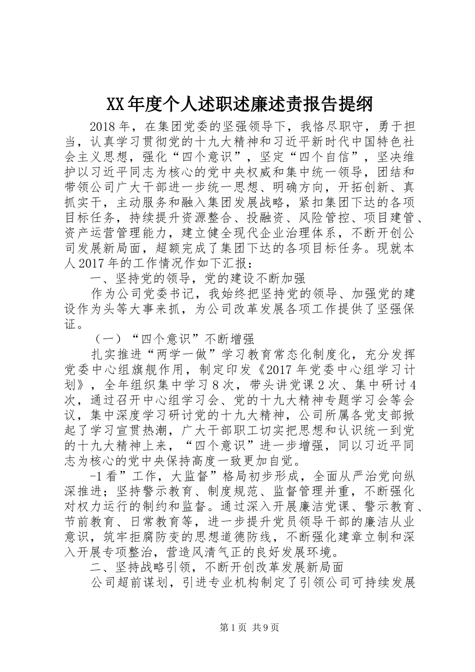 XX年度个人述职述廉述责报告提纲_第1页