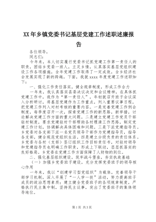 XX年乡镇党委书记基层党建工作述职述廉报告