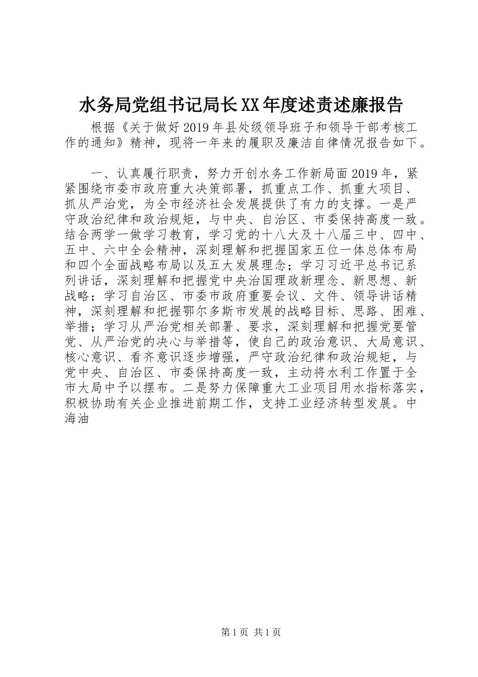 水务局党组书记局长XX年度述责述廉报告_第1页