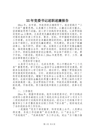 XX年党委书记述职述廉报告