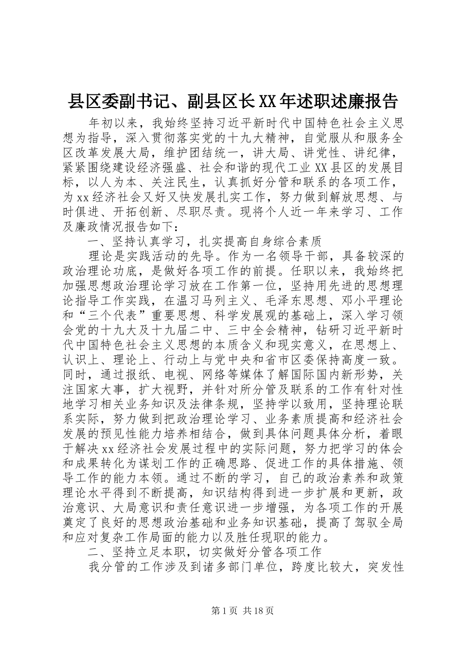 县区委副书记、副县区长XX年述职述廉报告_第1页