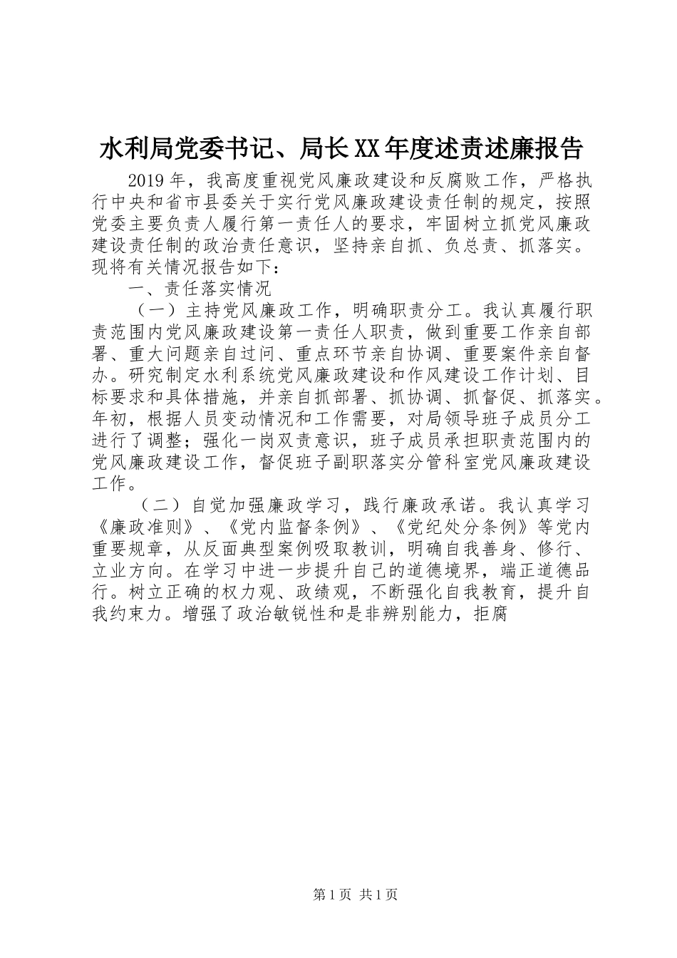 水利局党委书记、局长XX年度述责述廉报告_第1页
