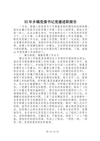 XX年乡镇党委书记党建述职报告