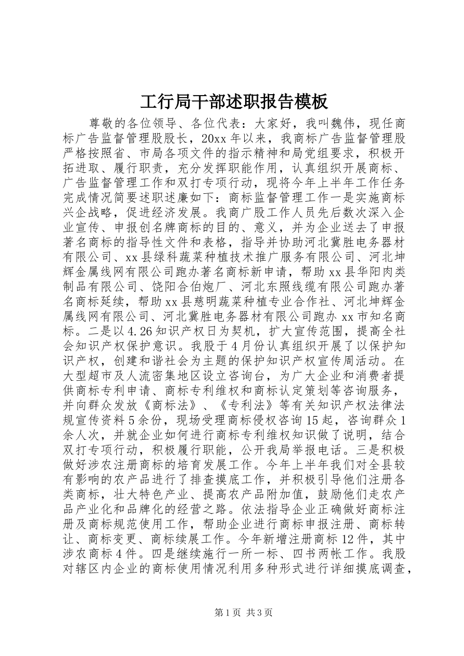 工行局干部述职报告模板_第1页