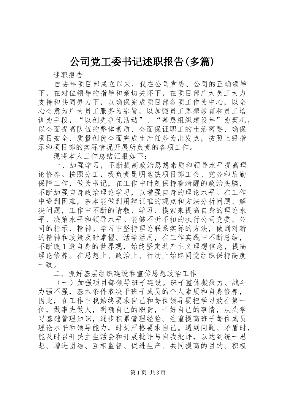 公司党工委书记述职报告(多篇)_第1页