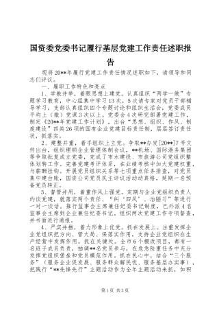 国资委党委书记履行基层党建工作责任述职报告