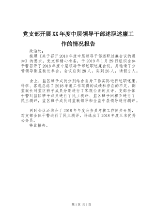 党支部开展XX年度中层领导干部述职述廉工作的情况报告