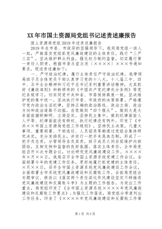 XX年市国土资源局党组书记述责述廉报告