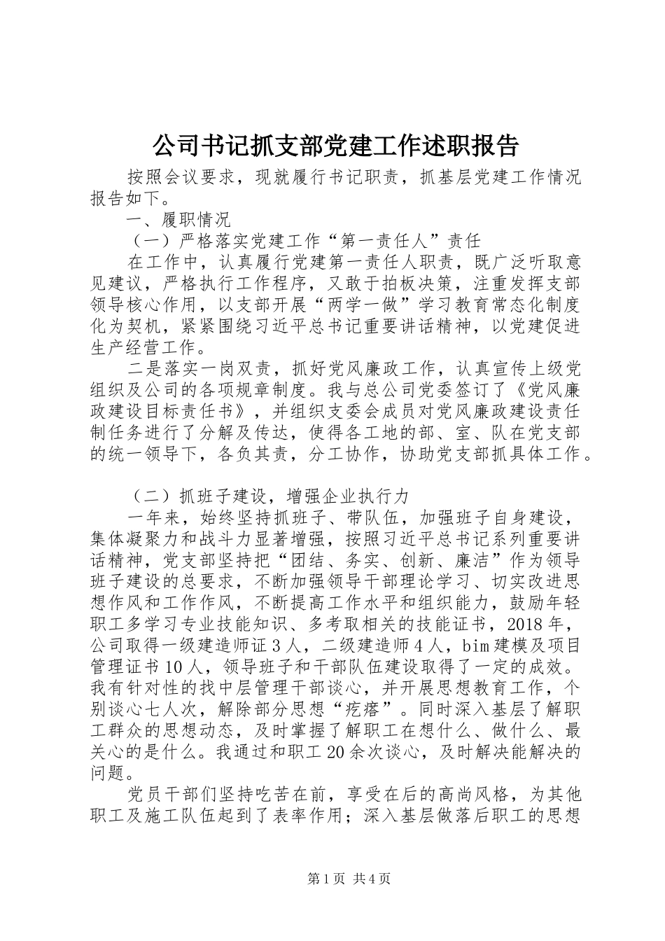 公司书记抓支部党建工作述职报告_第1页