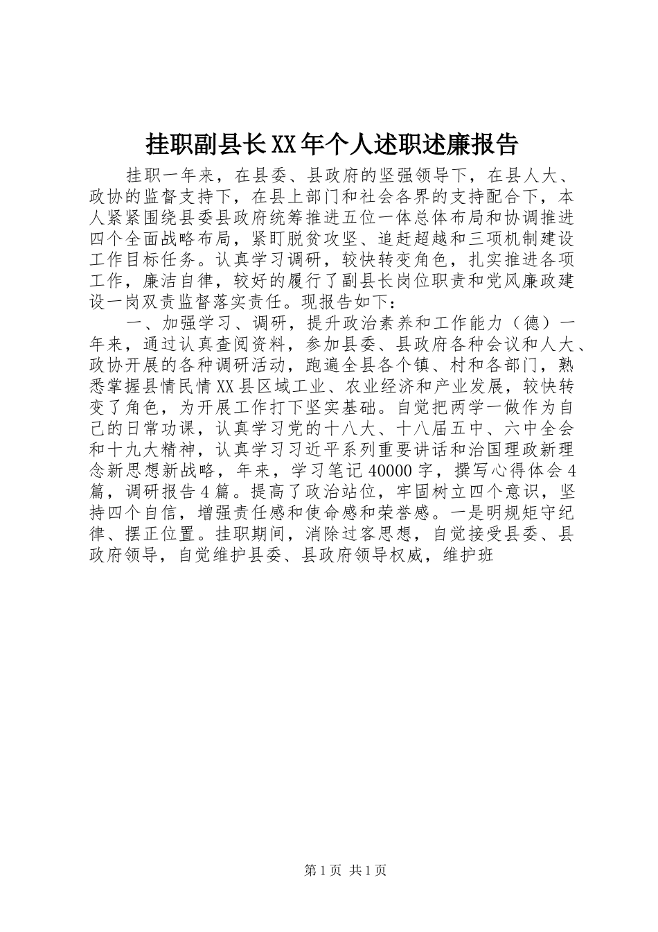挂职副县长XX年个人述职述廉报告_第1页