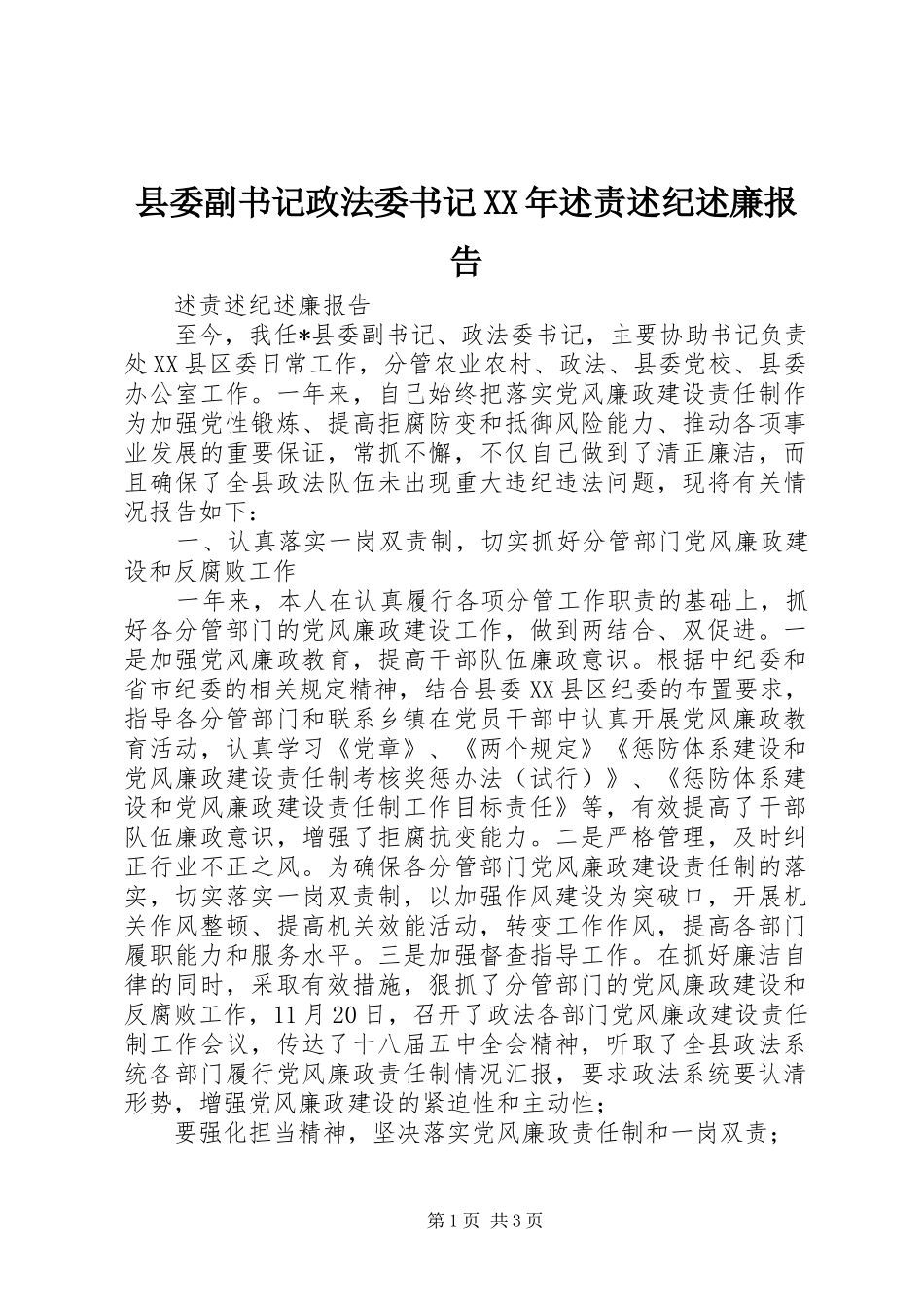 县委副书记政法委书记XX年述责述纪述廉报告_第1页