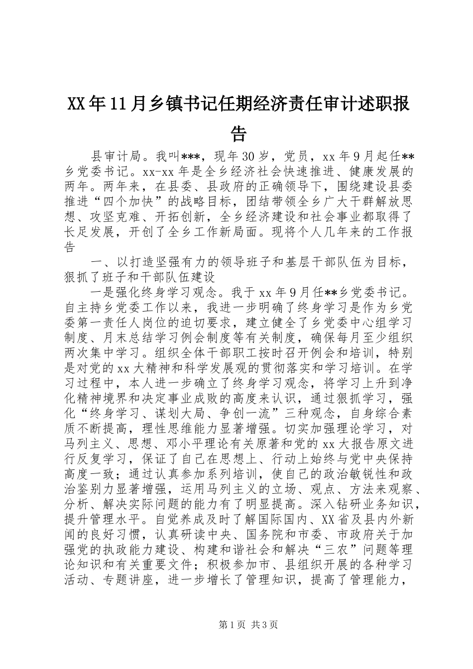 XX年11月乡镇书记任期经济责任审计述职报告_第1页